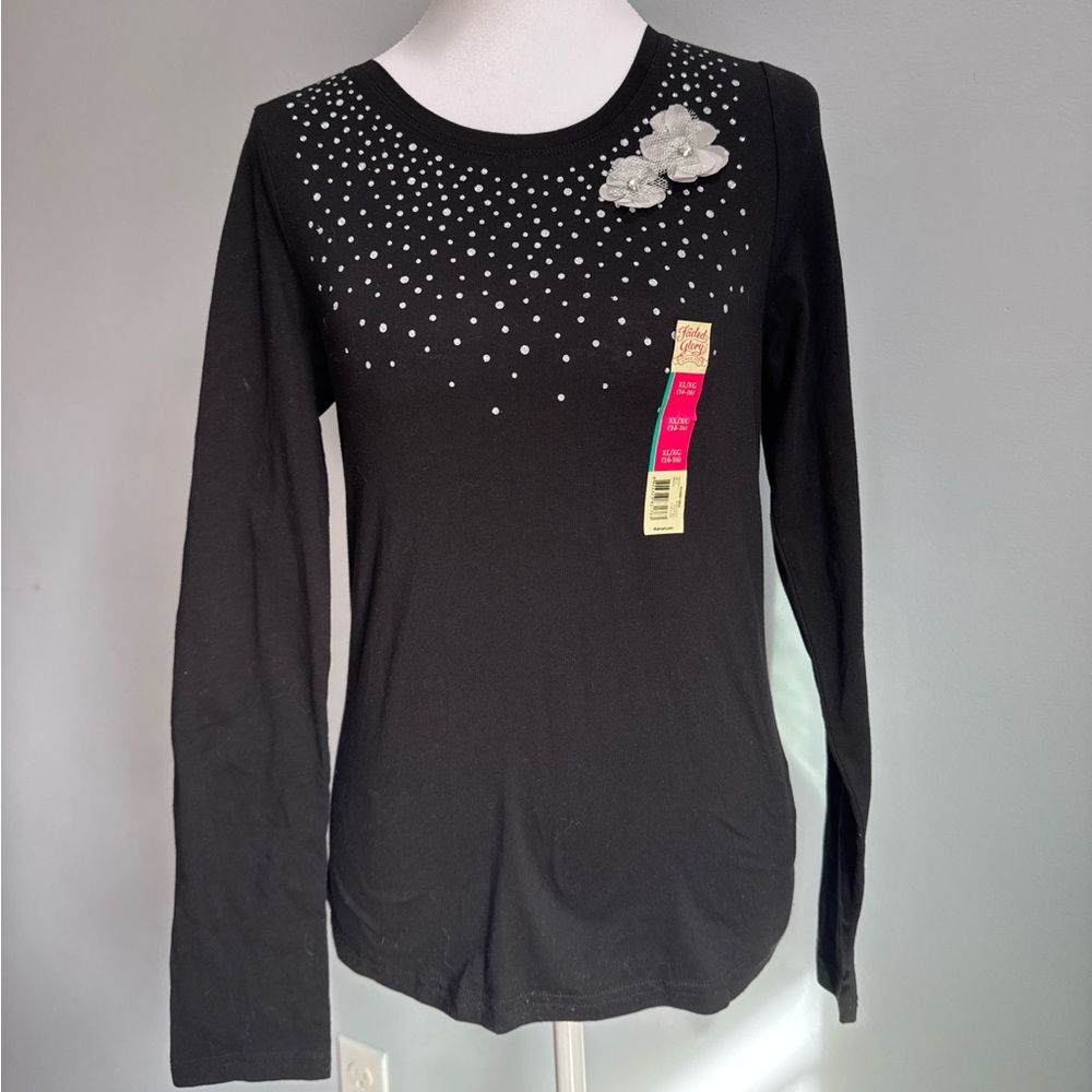 Faded Glory Black Long Sleeve Top with Floral Accents